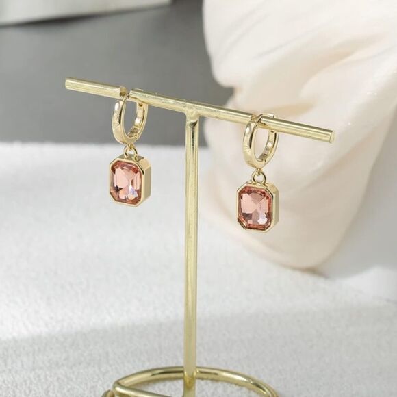 18K Yellow Gold with Champagne Topaz Crystal Dangling Octagon Huggie Earrings - Picture 3 of 7
